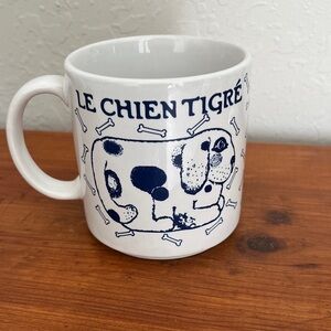 Taylor & Ng San Francisco Vintage Dog Mug Le Chien Tigré White and Blue Mug
